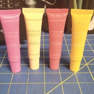 Lip Glowy Balm Set of 4 New 10ml Tube - Peach, Vanilla, Raspberry, Mango
